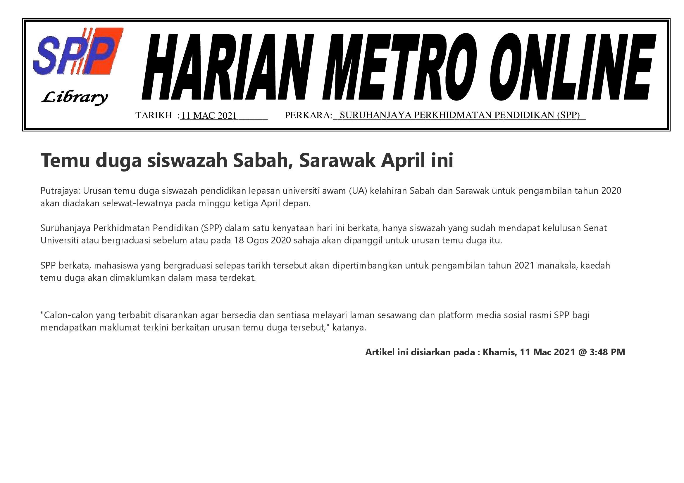 BERITA HARIAN 11 MAC 2021