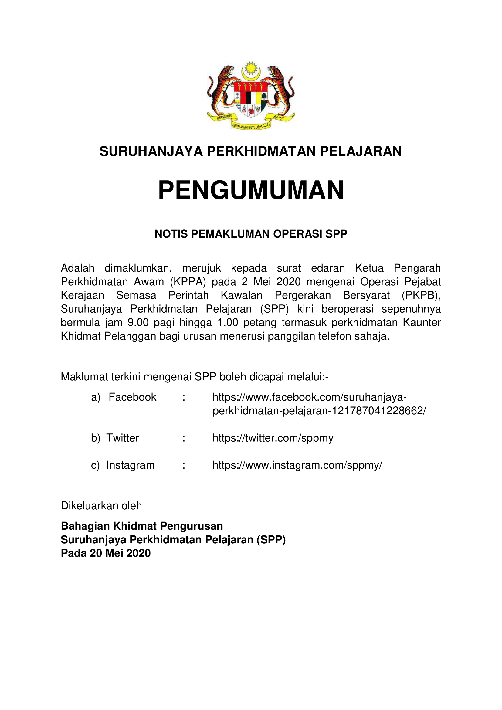 NOTIS OPERASI SEPENUHNYA COVID 20 MEI2020